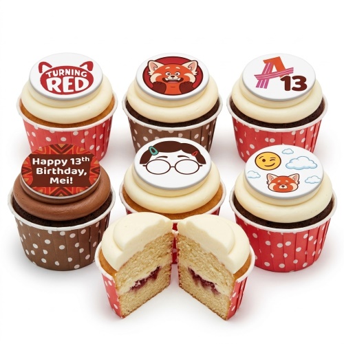 Turning Red themed cupcakes with Mei Lee and red panda edible toppers, some with vanilla and some with chocolate frosting.