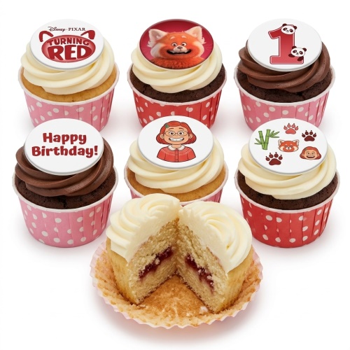 Disney Pixar Turning Red themed cupcakes with Mei Lee and red panda toppers, some with custom age and Happy Birthday messages.