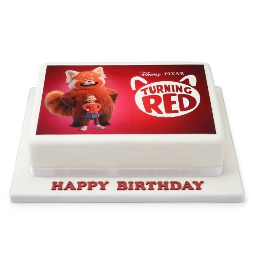 White square birthday cake with a red Disney Pixar Turning Red edible image topper and 'Happy Birthday' message.