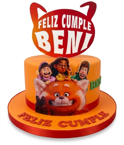 Orange round cake with Turning Red characters and a red panda head topper.