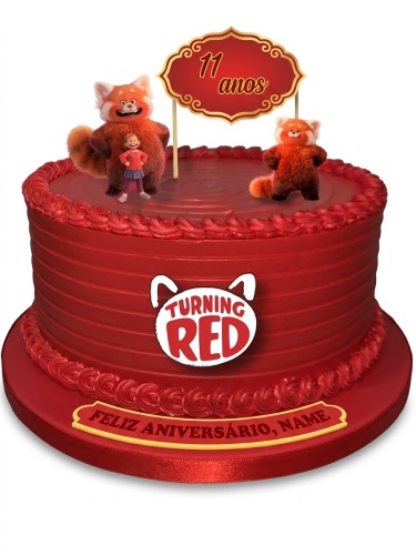 Red Turning Red birthday cake with Mei Lee and red panda figures, custom age topper, and personalised message board.