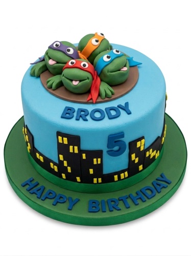 Blue round cake with four fondant Teenage Mutant Ninja Turtles, city skyline, and custom age.
