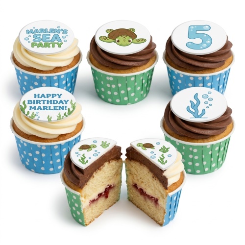 Set of six cupcakes with blue and green polka dot wrappers, topped with white and chocolate frosting. Edible toppers feature a cartoon turtle, seaweed, bubbles, a custom age number, and personalised messages for a sea-themed party.