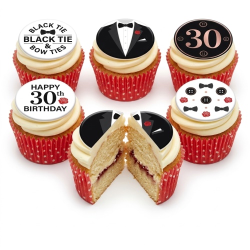 Black tie themed birthday cupcakes with tuxedo, bow tie, and custom age toppers.