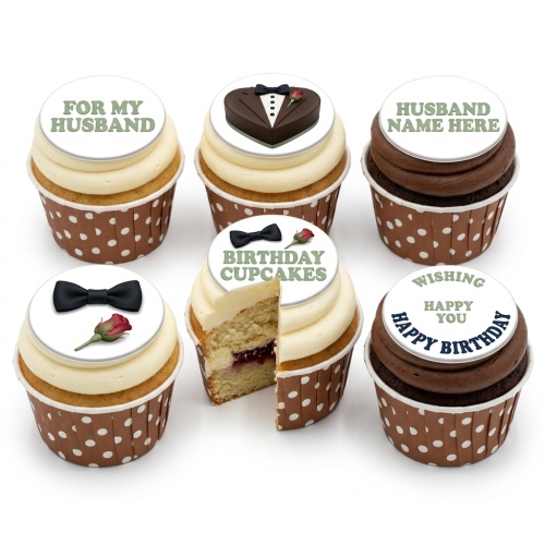 Gentleman's birthday cupcakes with suit, bow tie, and red rose toppers.