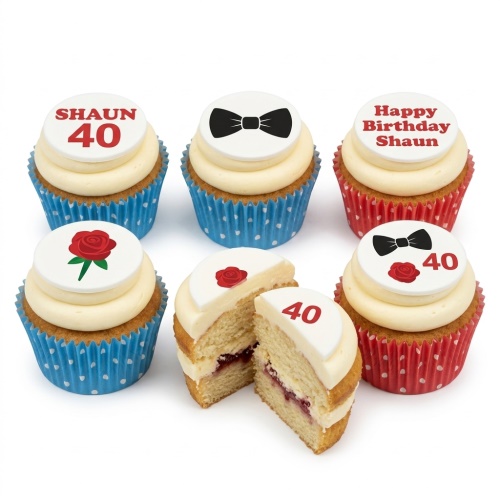 Six vanilla cupcakes with white buttercream and fondant toppers featuring black bow ties, red roses, and custom age/name examples.