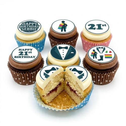 Six cupcakes with white and brown frosting, topped with edible discs featuring tuxedo designs, a rainbow cape figure, and custom age and message examples.