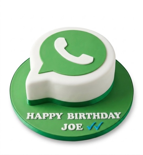 Green and white cake shaped like a WhatsApp chat bubble with a phone icon.