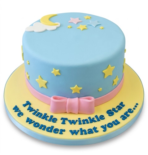 Round blue cake with yellow moon, white cloud, and colourful stars, featuring a pink bow and "Twinkle Twinkle Little Star" message.