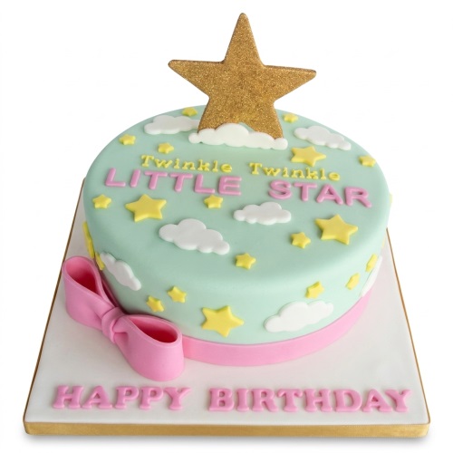 Round mint green Twinkle Twinkle Little Star birthday cake with gold star topper, yellow stars, white clouds, and pink bow.