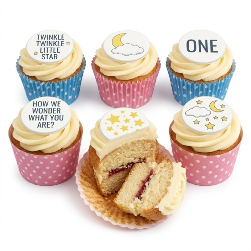 Six baby shower cupcakes with moon, stars, and 'Twinkle Twinkle Little Star' themed toppers in pink and blue wrappers.