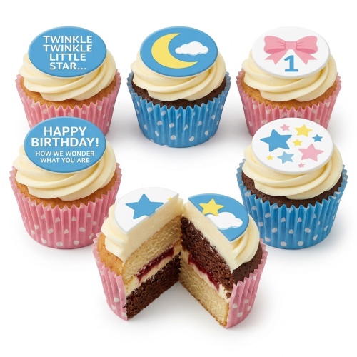 Twinkle Twinkle Little Star themed 1st birthday cupcakes with moon, stars, and '1' toppers in pink and blue.