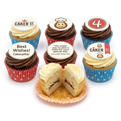Assortment of birthday cupcakes with chocolate and vanilla frosting, colourful liners, and edible toppers including a number '4' and Caker Street branding.