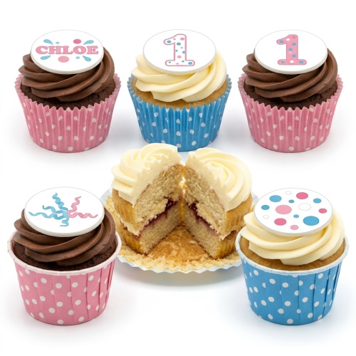 Six cupcakes in pink and blue polka dot cases, with chocolate and vanilla frosting, featuring custom age toppers, personalised name topper, and decorative ribbons.