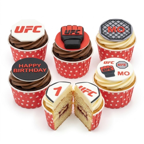 UFC themed cupcakes with fighting gloves, octagon logos, and 'Happy Birthday' message.