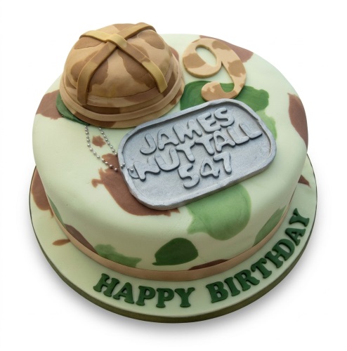 Round military camouflage birthday cake with a 3D helmet, silver dog tag, and custom age topper.