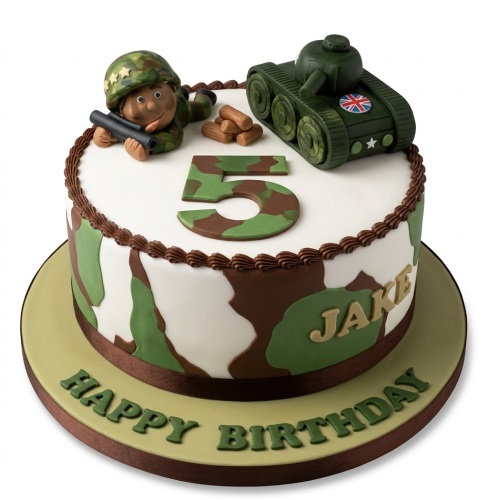 Round white cake with camouflage sides, featuring a fondant soldier, tank with Union Jack, and a custom age number.