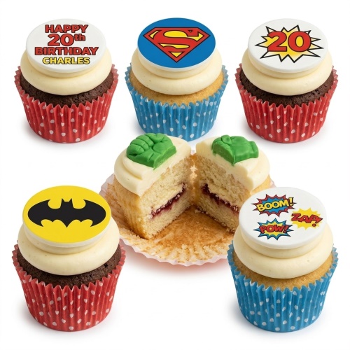 Assortment of superhero themed birthday cupcakes with various comic book style toppers and a custom age option.