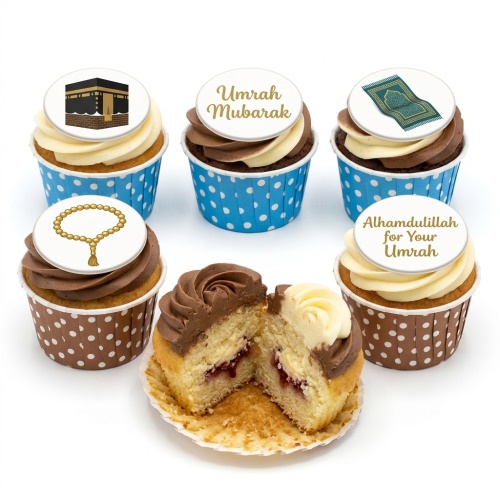 Umrah Mubarak cupcakes with Kaaba, prayer mat, and prayer beads toppers on vanilla and chocolate frosting.
