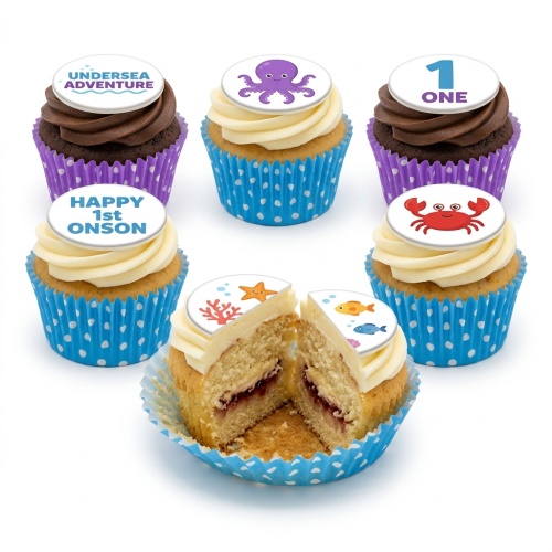 Under the sea themed cupcakes with octopus, starfish, fish, and crab toppers, with custom age option.