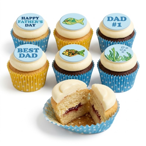 Cupcakes with Father's Day messages and ocean-themed fish and seaweed toppers in blue and yellow cases.