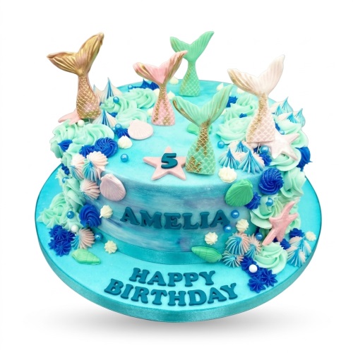 Two-tiered blue mermaid theme birthday cake with various coloured mermaid tails, seashells, and piped ocean-inspired decorations.