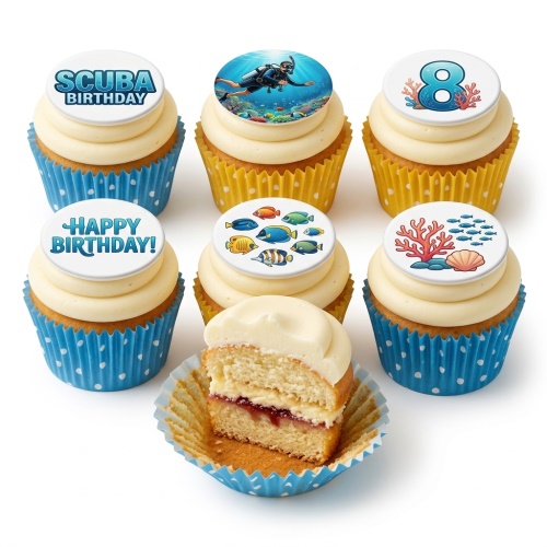 Scuba diving themed birthday cupcakes with underwater scenes, fish, coral, and a custom age topper.