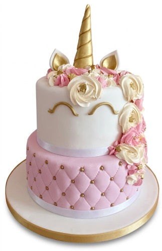 Two-tier unicorn birthday cake with golden horn, ears, and eyes, pink and white buttercream flowers, and a quilted pink bottom tier with gold beads.