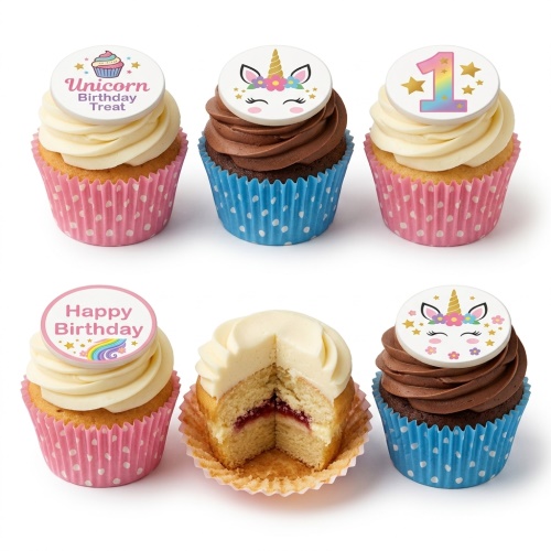 Unicorn themed birthday cupcakes with edible toppers, including unicorn faces, a number one, and "Happy Birthday" messages.