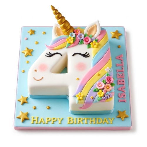 Unicorn number cake for a girl's birthday, featuring a golden horn, rainbow mane, and custom age design.