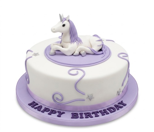 White and purple round birthday cake with a 3D unicorn figure, swirls, and silver stars.