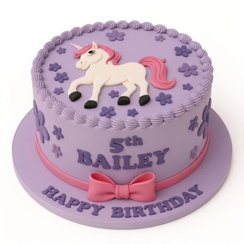 Round purple unicorn birthday cake with pink bow and custom age.