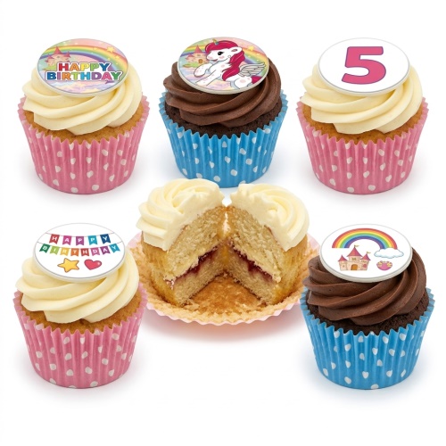 Unicorn and rainbow themed birthday cupcakes with a custom age topper.