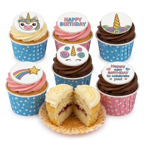 Unicorn and rainbow themed birthday cupcakes with pink and chocolate frosting.