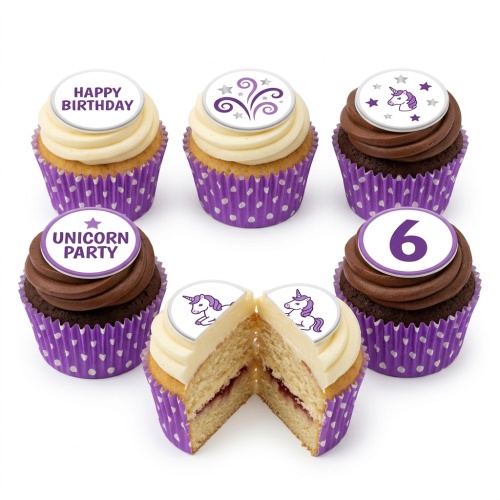 Unicorn themed birthday cupcakes with white and chocolate frosting, purple wrappers, and custom toppers.