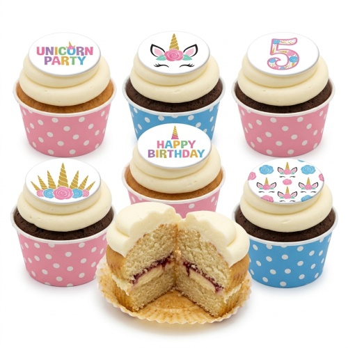 Unicorn themed cupcakes with custom age and message toppers in pink and blue polka dot cases.