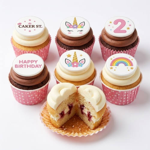 Unicorn and rainbow themed birthday cupcakes with a custom age topper and 'Happy Birthday' message.