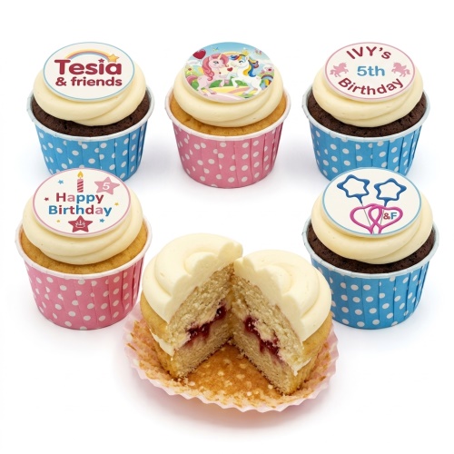 Six cupcakes with white frosting and edible toppers featuring unicorns, rainbows, and customisable birthday messages.