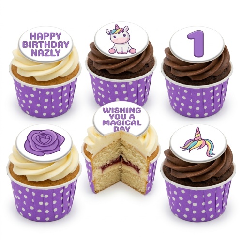 Unicorn and rose themed birthday cupcakes with white and chocolate icing, purple polka dot wrappers, and custom age/message toppers.