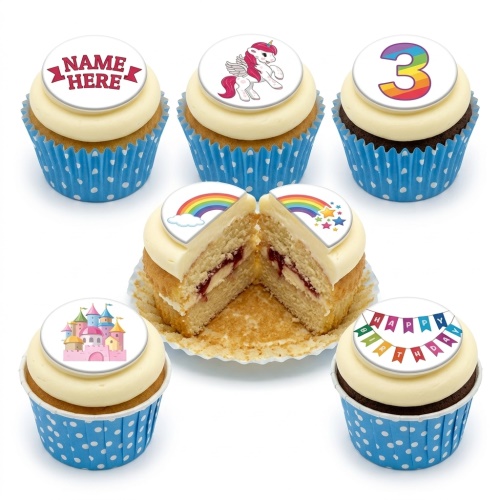 Unicorn, rainbow, and castle themed birthday cupcakes with custom age and name toppers.