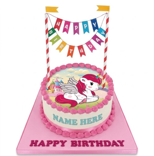 Round white cake with pink piped frosting, a winged unicorn edible image, and a 'Happy Birthday' banner.