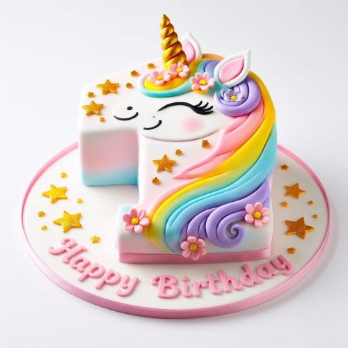 Number 1 shaped unicorn birthday cake with rainbow mane, golden horn, and stars.