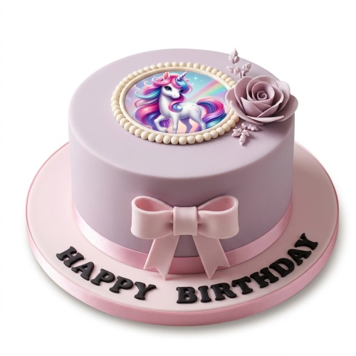 Round lavender unicorn birthday cake with pink bow and rose on a pink board.