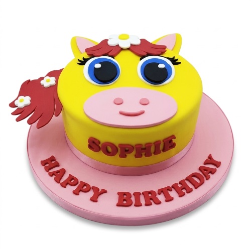 Yellow pony face birthday cake with pink details on a pink cake board, ready for personalisation.