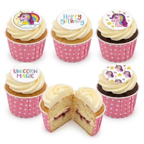 Vanilla and chocolate cupcakes with white frosting and unicorn themed edible toppers.