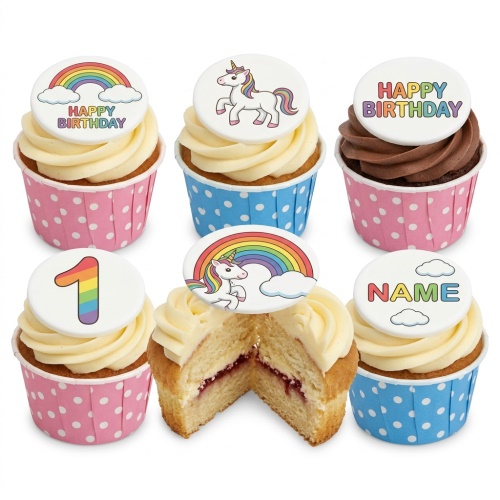Six cupcakes with unicorn, rainbow, 'Happy Birthday', '1', and 'Name' toppers in pink and blue polka dot wrappers.