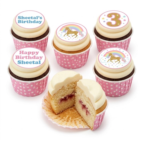 Unicorn and rainbow themed birthday cupcakes with a glitter number topper and personalised message.