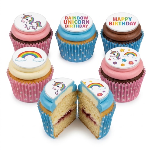 Assortment of unicorn and rainbow themed birthday cupcakes with pink and blue frosting.