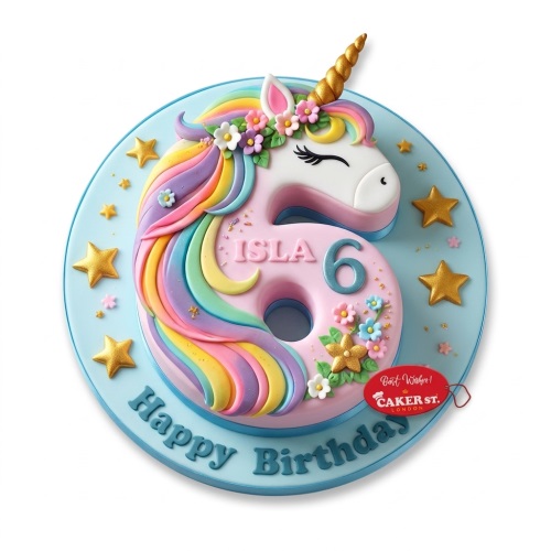 Unicorn number cake with rainbow mane, golden horn, flowers, and stars on a blue board.