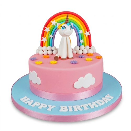 Pink round cake with a white unicorn, rainbow, stars, clouds, and 'Happy Birthday' message.